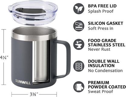 Travel Coffee Mug with Lid, Insulated Tumbler with Handle, 14 oz Stainless Steel Cup for Ice, Water, Tea, Cool Grey