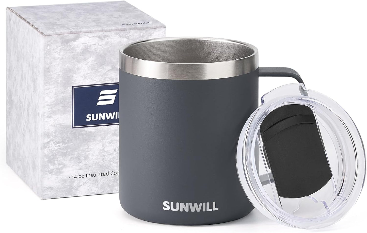 Travel Coffee Mug with Lid, Insulated Tumbler with Handle, 14 oz Stainless Steel Cup for Ice, Water, Tea, Cool Grey