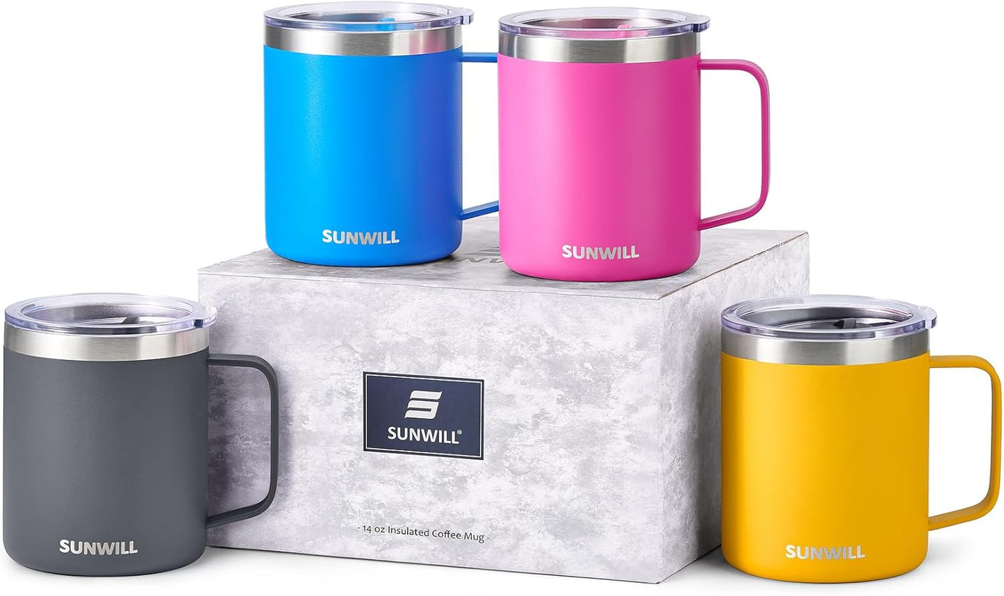 Travel Coffee Mug with Lid, Insulated Tumbler with Handle, 14 oz Stainless Steel Cup for Ice, Water, Tea, Cool Grey