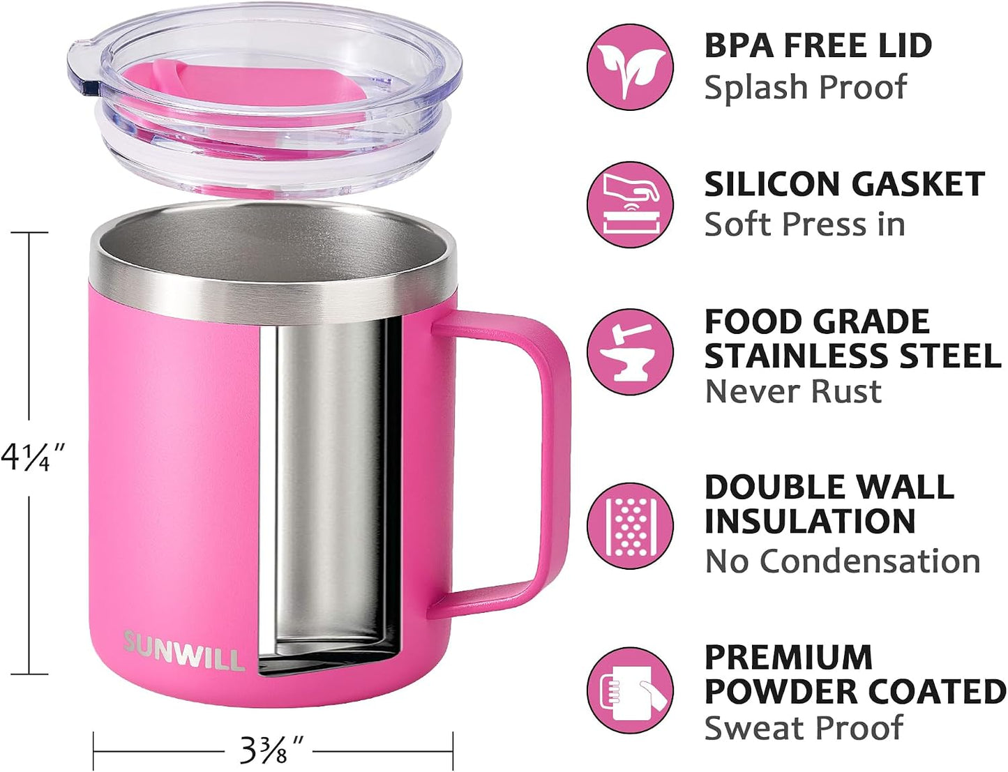 Travel Coffee Mug with Lid, Insulated Tumbler with Handle, 14 oz Stainless Steel Cup for Ice, Water, Tea, Cool Grey