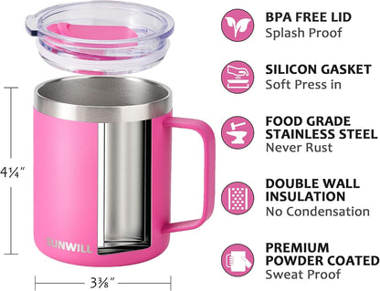 Travel Coffee Mug with Lid, Insulated Tumbler with Handle, 14 oz Stainless Steel Cup for Ice, Water, Tea, Cool Grey