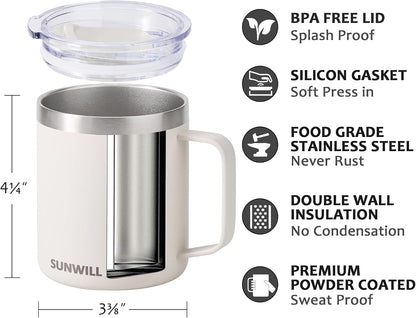 Travel Coffee Mug with Lid, Insulated Tumbler with Handle, 14 oz Stainless Steel Cup for Ice, Water, Tea, Cool Grey