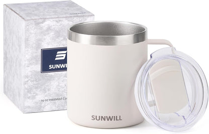 Travel Coffee Mug with Lid, Insulated Tumbler with Handle, 14 oz Stainless Steel Cup for Ice, Water, Tea, Cool Grey
