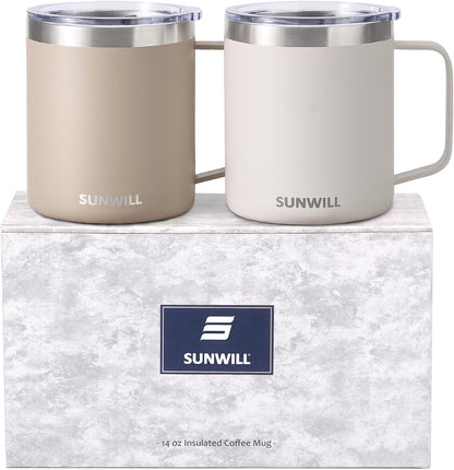 Travel Coffee Mug with Lid, Insulated Tumbler with Handle, 14 oz Stainless Steel Cup for Ice, Water, Tea, Cool Grey