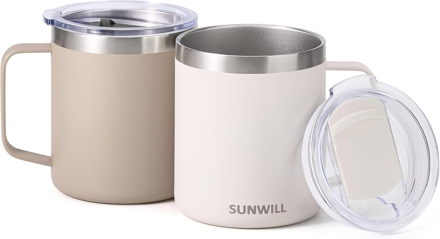 Travel Coffee Mug with Lid, Insulated Tumbler with Handle, 14 oz Stainless Steel Cup for Ice, Water, Tea, Cool Grey