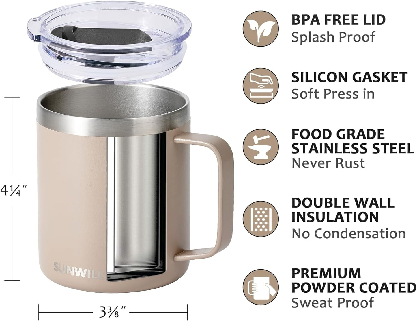 Travel Coffee Mug with Lid, Insulated Tumbler with Handle, 14 oz Stainless Steel Cup for Ice, Water, Tea, Cool Grey
