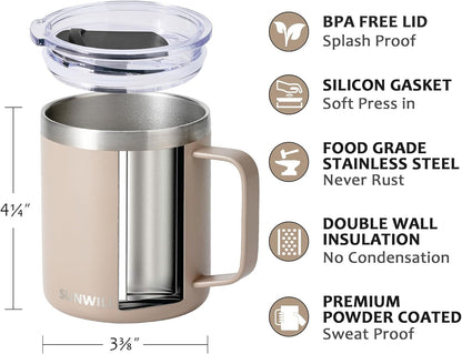 Travel Coffee Mug with Lid, Insulated Tumbler with Handle, 14 oz Stainless Steel Cup for Ice, Water, Tea, Cool Grey