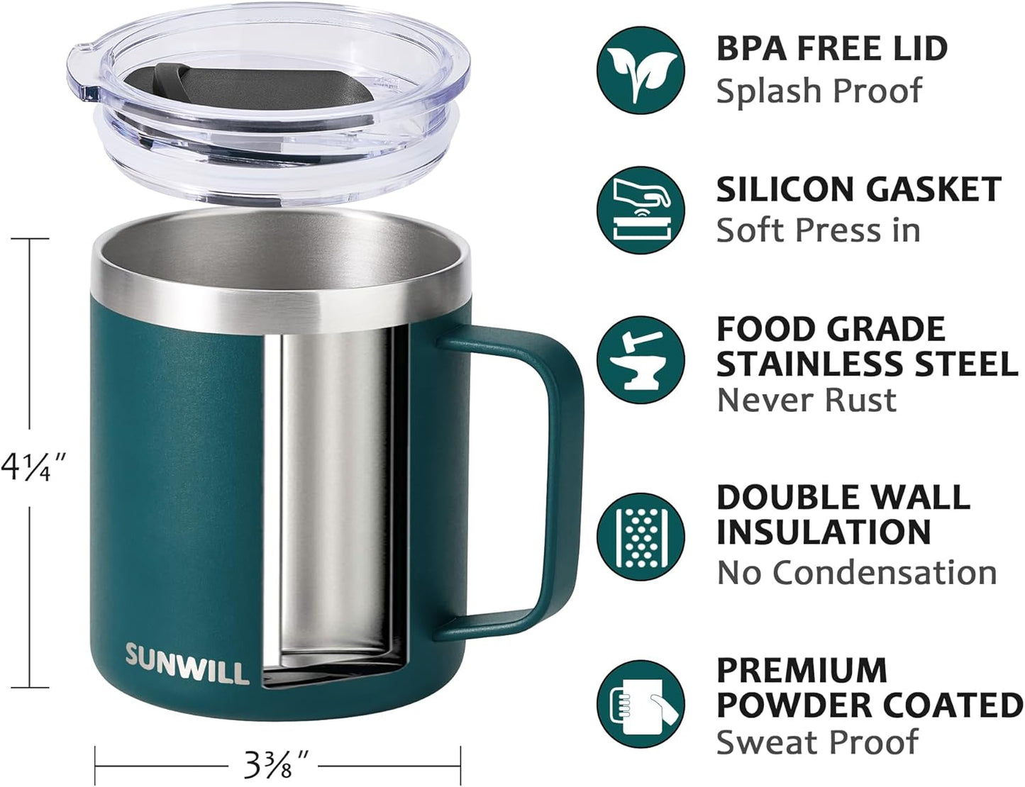 Travel Coffee Mug with Lid, Insulated Tumbler with Handle, 14 oz Stainless Steel Cup for Ice, Water, Tea, Cool Grey