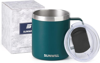 Travel Coffee Mug with Lid, Insulated Tumbler with Handle, 14 oz Stainless Steel Cup for Ice, Water, Tea, Cool Grey