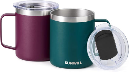 Travel Coffee Mug with Lid, Insulated Tumbler with Handle, 14 oz Stainless Steel Cup for Ice, Water, Tea, Cool Grey