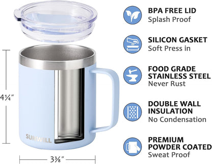 Travel Coffee Mug with Lid, Insulated Tumbler with Handle, 14 oz Stainless Steel Cup for Ice, Water, Tea, Cool Grey