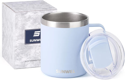 Travel Coffee Mug with Lid, Insulated Tumbler with Handle, 14 oz Stainless Steel Cup for Ice, Water, Tea, Cool Grey