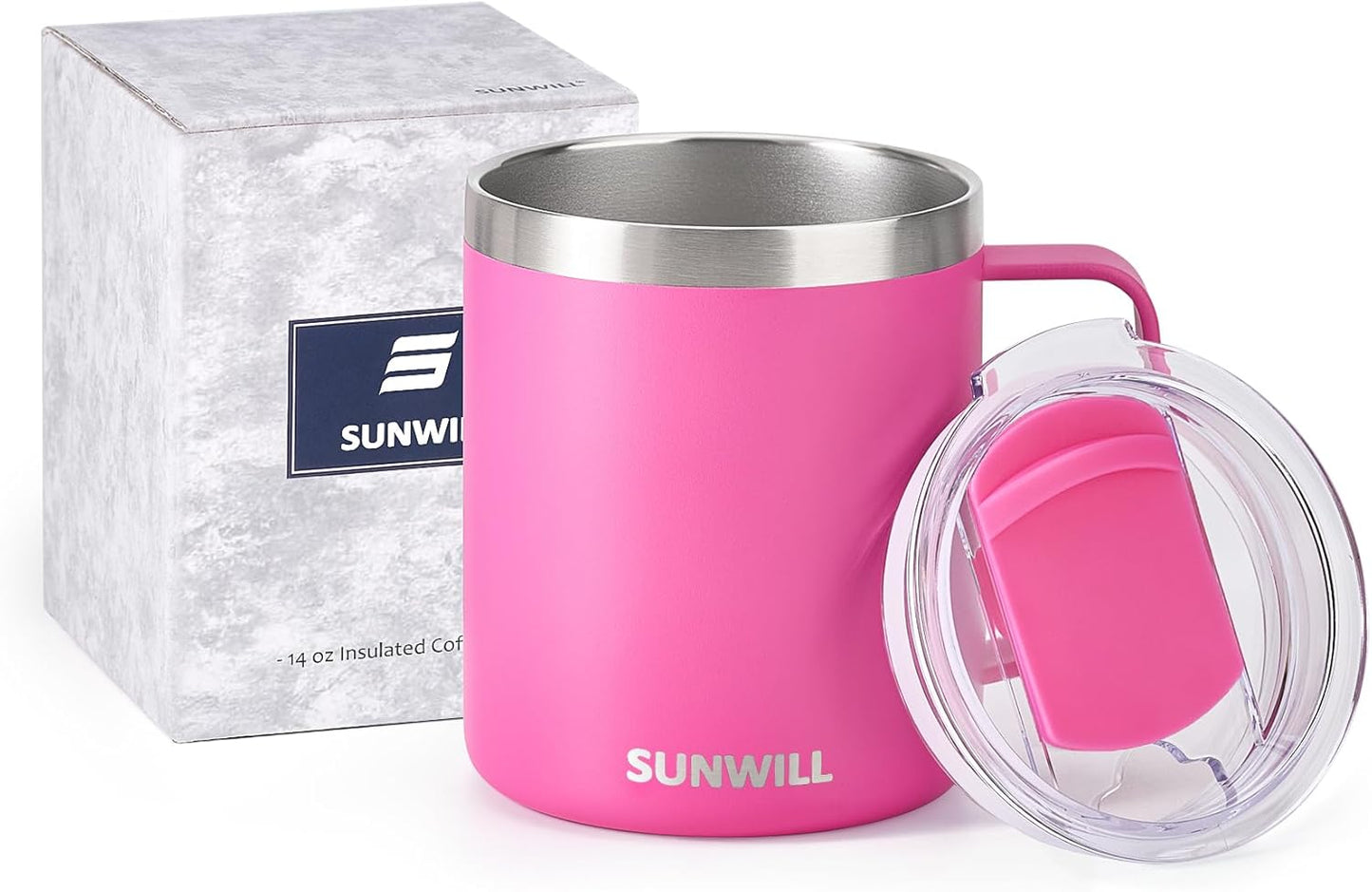 Travel Coffee Mug with Lid, Insulated Tumbler with Handle, 14 oz Stainless Steel Cup for Ice, Water, Tea, Cool Grey