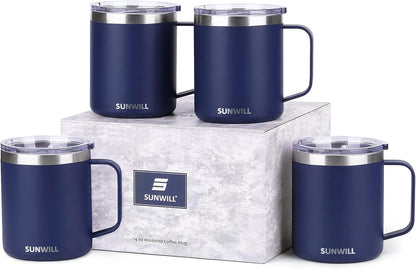 Travel Coffee Mug with Lid, Insulated Tumbler with Handle, 14 oz Stainless Steel Cup for Ice, Water, Tea, Cool Grey