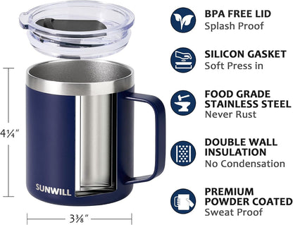 Travel Coffee Mug with Lid, Insulated Tumbler with Handle, 14 oz Stainless Steel Cup for Ice, Water, Tea, Cool Grey