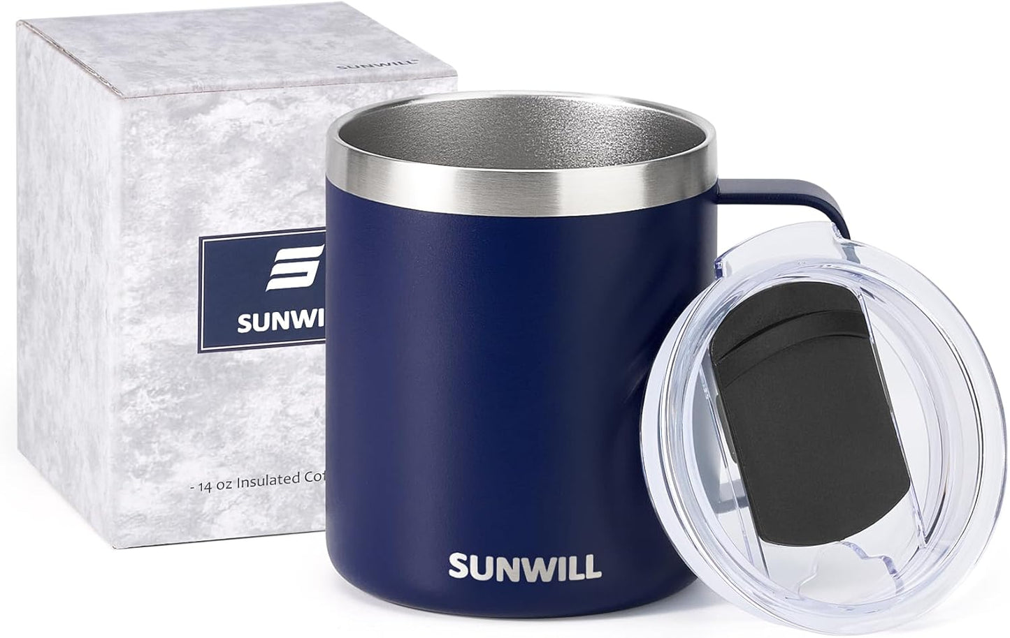 Travel Coffee Mug with Lid, Insulated Tumbler with Handle, 14 oz Stainless Steel Cup for Ice, Water, Tea, Cool Grey