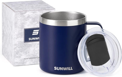 Travel Coffee Mug with Lid, Insulated Tumbler with Handle, 14 oz Stainless Steel Cup for Ice, Water, Tea, Cool Grey