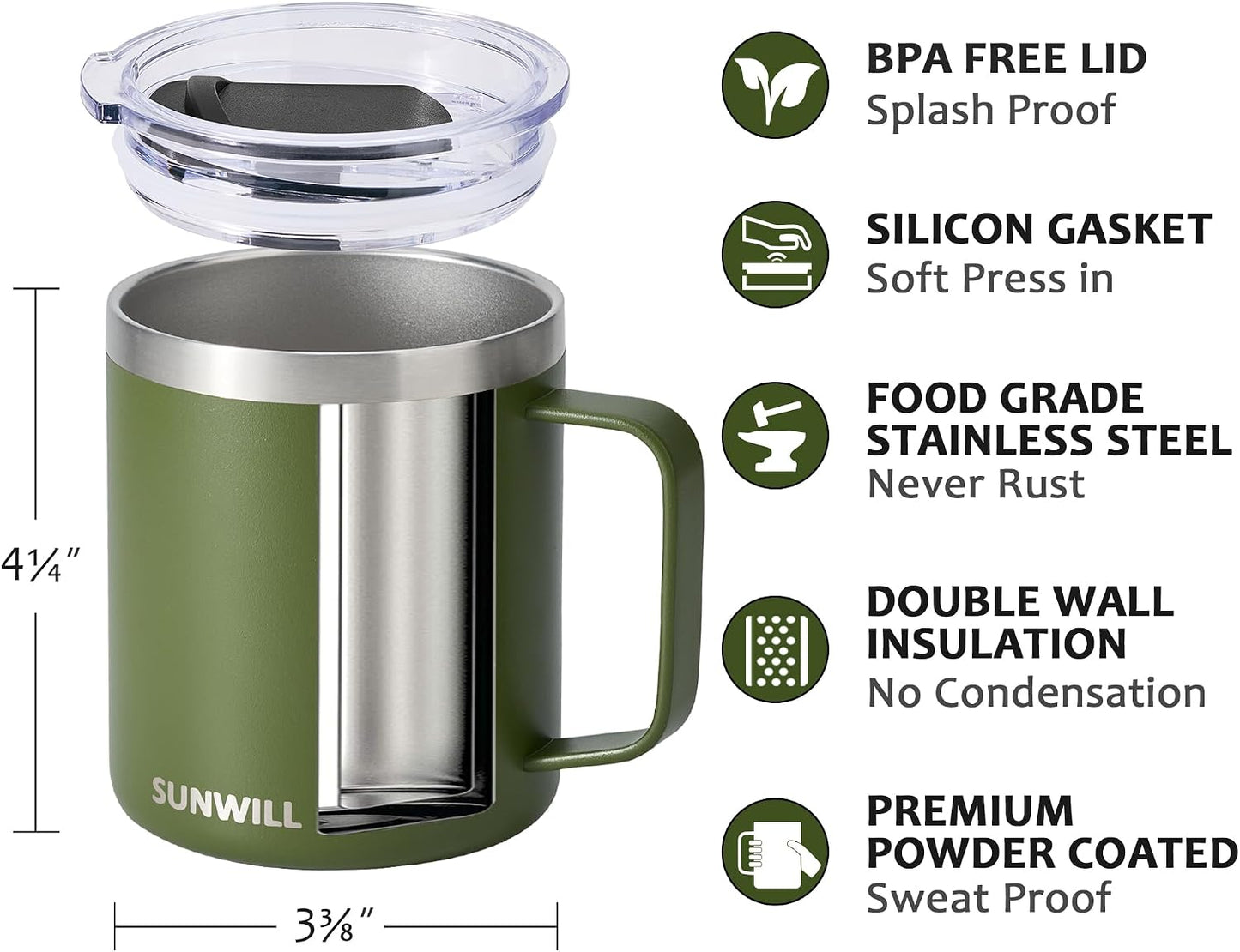 Travel Coffee Mug with Lid, Insulated Tumbler with Handle, 14 oz Stainless Steel Cup for Ice, Water, Tea, Cool Grey