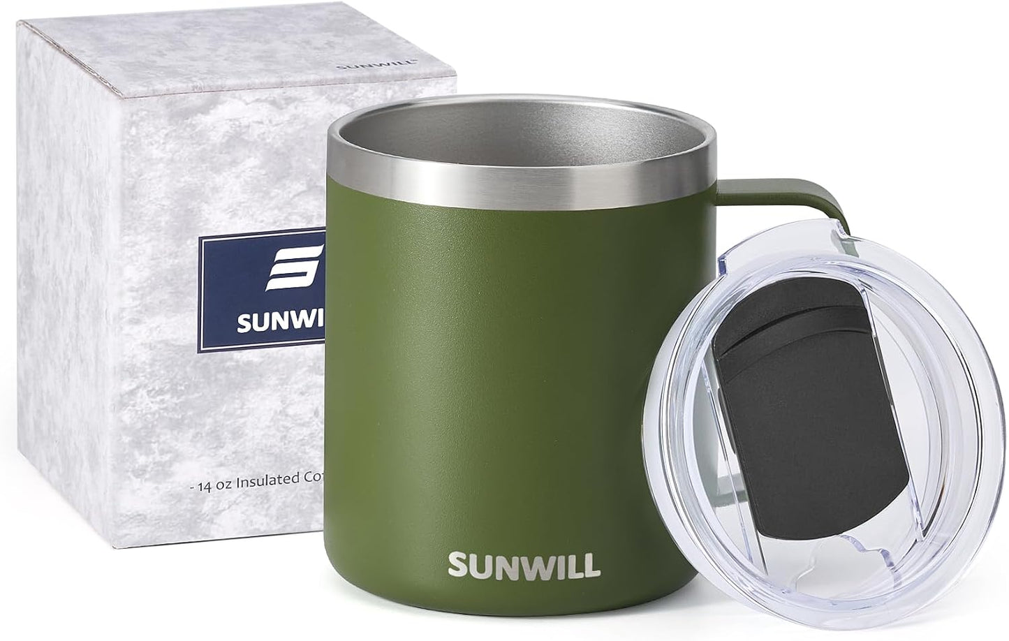 Travel Coffee Mug with Lid, Insulated Tumbler with Handle, 14 oz Stainless Steel Cup for Ice, Water, Tea, Cool Grey
