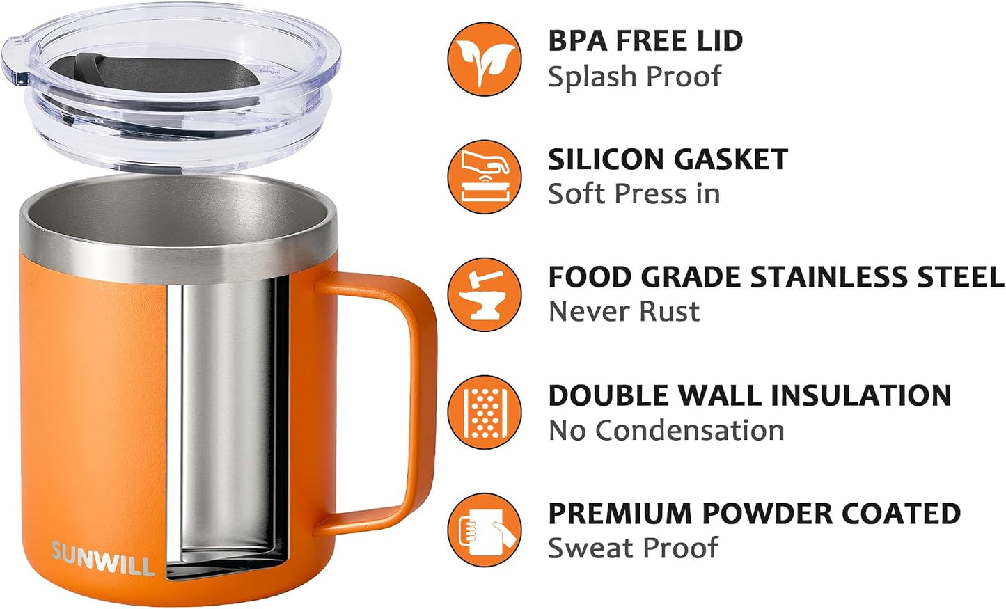 Travel Coffee Mug with Lid, Insulated Tumbler with Handle, 14 oz Stainless Steel Cup for Ice, Water, Tea, Cool Grey