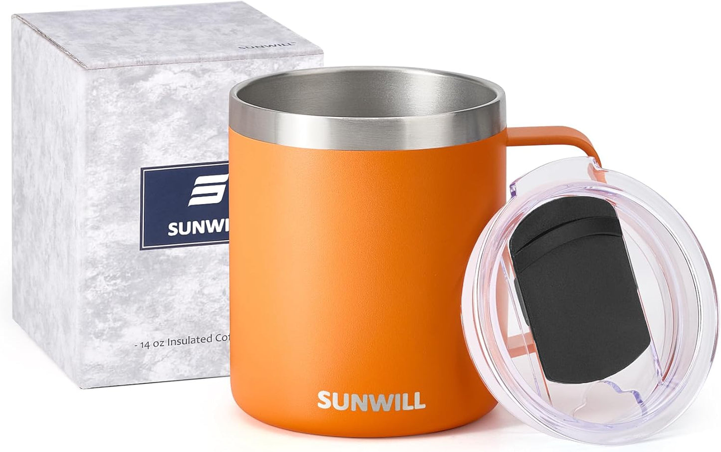 Travel Coffee Mug with Lid, Insulated Tumbler with Handle, 14 oz Stainless Steel Cup for Ice, Water, Tea, Cool Grey