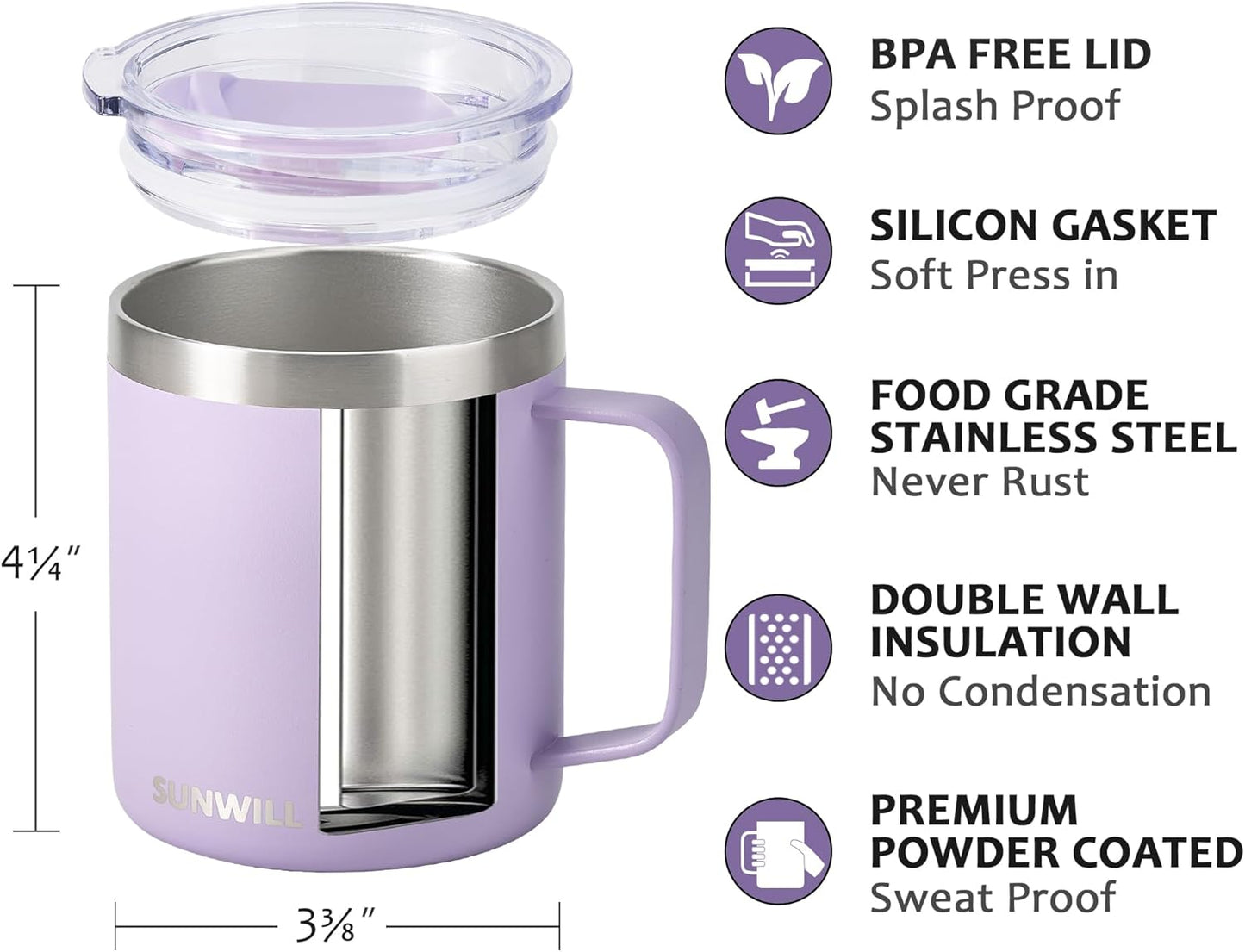 Travel Coffee Mug with Lid, Insulated Tumbler with Handle, 14 oz Stainless Steel Cup for Ice, Water, Tea, Cool Grey