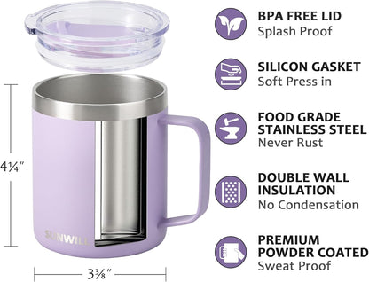Travel Coffee Mug with Lid, Insulated Tumbler with Handle, 14 oz Stainless Steel Cup for Ice, Water, Tea, Cool Grey