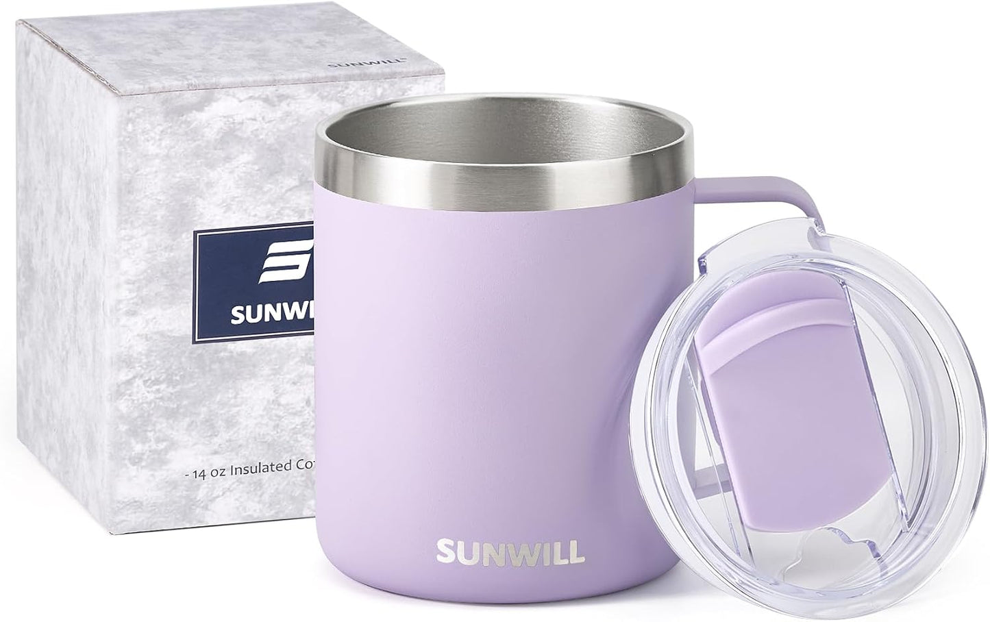 Travel Coffee Mug with Lid, Insulated Tumbler with Handle, 14 oz Stainless Steel Cup for Ice, Water, Tea, Cool Grey