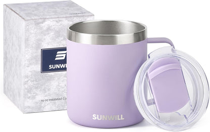 Travel Coffee Mug with Lid, Insulated Tumbler with Handle, 14 oz Stainless Steel Cup for Ice, Water, Tea, Cool Grey