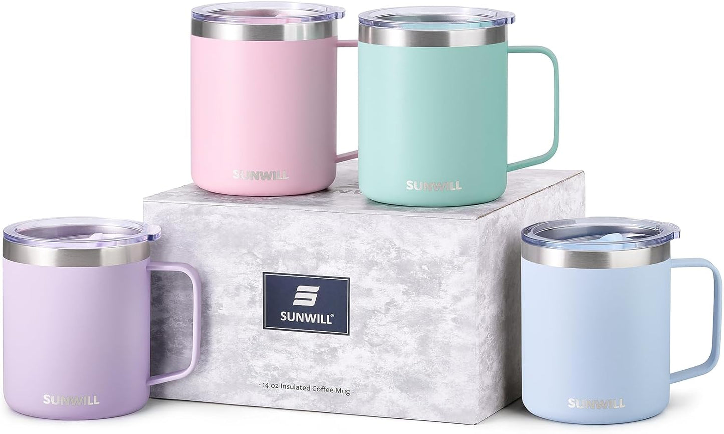 Travel Coffee Mug with Lid, Insulated Tumbler with Handle, 14 oz Stainless Steel Cup for Ice, Water, Tea, Cool Grey
