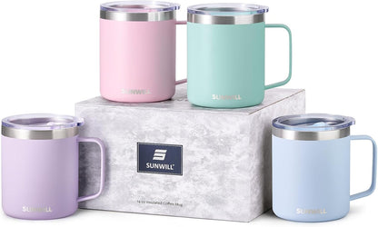 Travel Coffee Mug with Lid, Insulated Tumbler with Handle, 14 oz Stainless Steel Cup for Ice, Water, Tea, Cool Grey