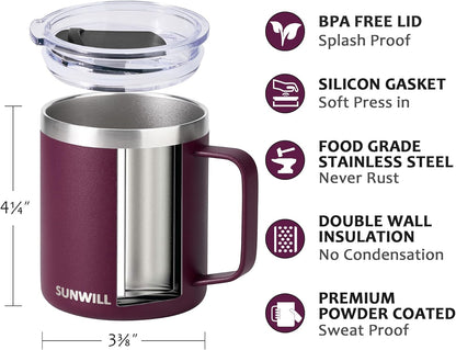 Travel Coffee Mug with Lid, Insulated Tumbler with Handle, 14 oz Stainless Steel Cup for Ice, Water, Tea, Cool Grey