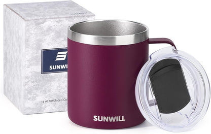 Travel Coffee Mug with Lid, Insulated Tumbler with Handle, 14 oz Stainless Steel Cup for Ice, Water, Tea, Cool Grey