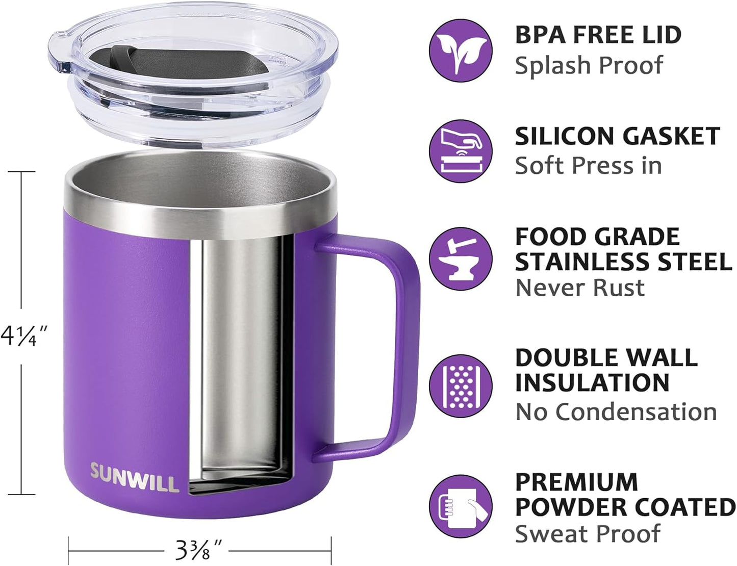 Travel Coffee Mug with Lid, Insulated Tumbler with Handle, 14 oz Stainless Steel Cup for Ice, Water, Tea, Cool Grey