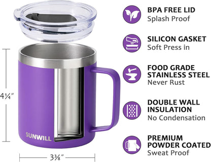 Travel Coffee Mug with Lid, Insulated Tumbler with Handle, 14 oz Stainless Steel Cup for Ice, Water, Tea, Cool Grey