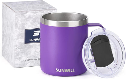 Travel Coffee Mug with Lid, Insulated Tumbler with Handle, 14 oz Stainless Steel Cup for Ice, Water, Tea, Cool Grey