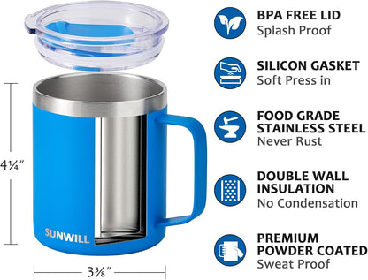 Travel Coffee Mug with Lid, Insulated Tumbler with Handle, 14 oz Stainless Steel Cup for Ice, Water, Tea, Cool Grey
