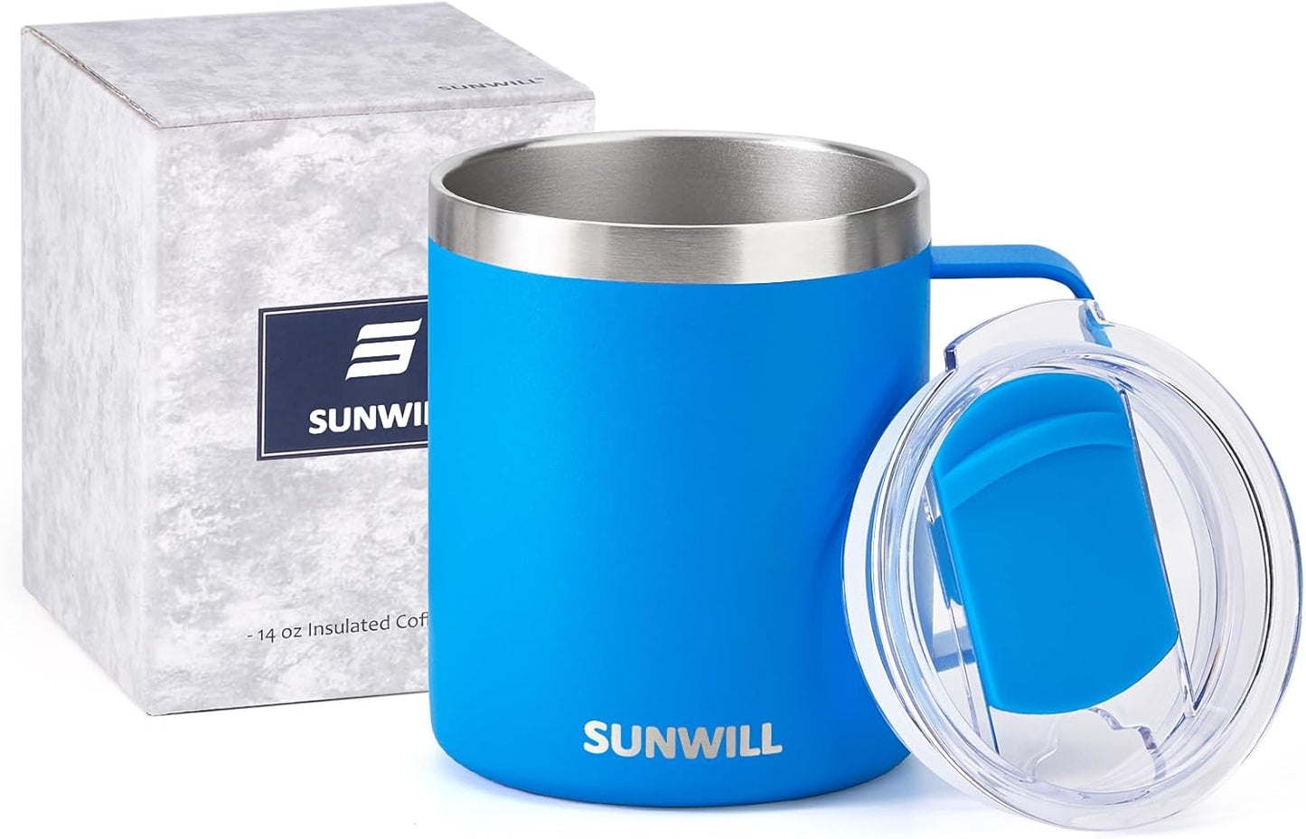 Travel Coffee Mug with Lid, Insulated Tumbler with Handle, 14 oz Stainless Steel Cup for Ice, Water, Tea, Cool Grey