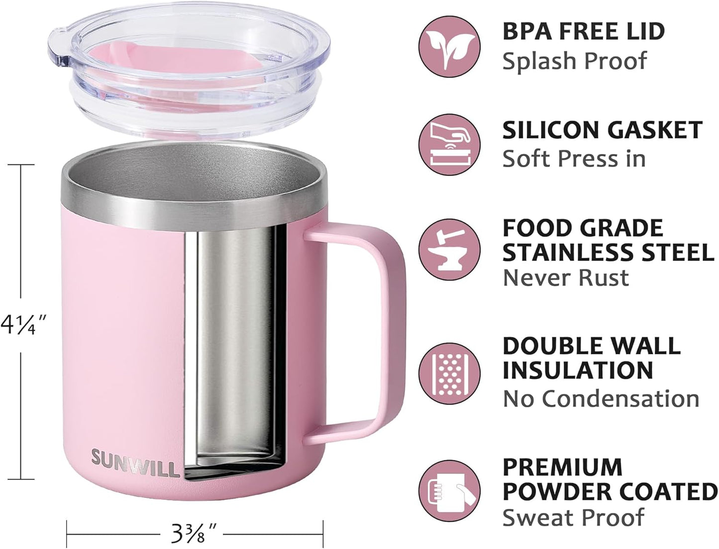 Travel Coffee Mug with Lid, Insulated Tumbler with Handle, 14 oz Stainless Steel Cup for Ice, Water, Tea, Cool Grey