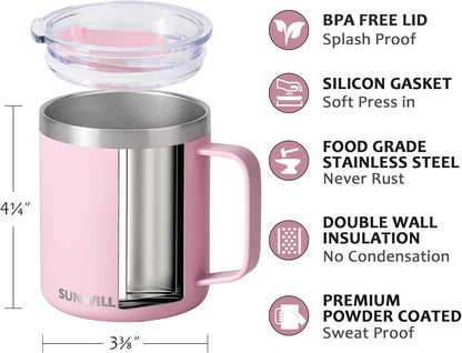 Travel Coffee Mug with Lid, Insulated Tumbler with Handle, 14 oz Stainless Steel Cup for Ice, Water, Tea, Cool Grey