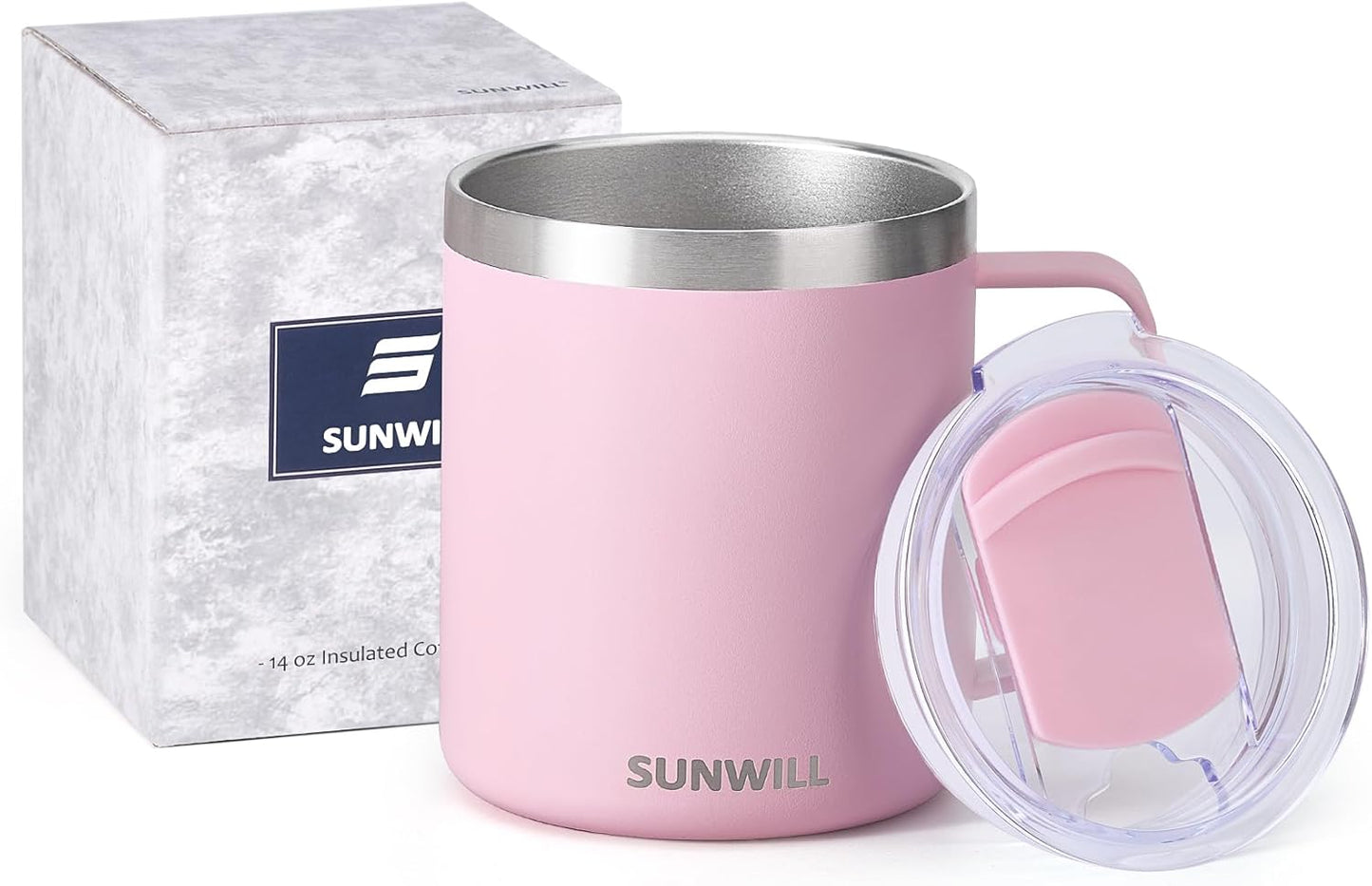 Travel Coffee Mug with Lid, Insulated Tumbler with Handle, 14 oz Stainless Steel Cup for Ice, Water, Tea, Cool Grey