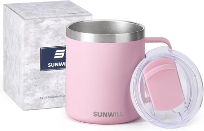 Travel Coffee Mug with Lid, Insulated Tumbler with Handle, 14 oz Stainless Steel Cup for Ice, Water, Tea, Cool Grey