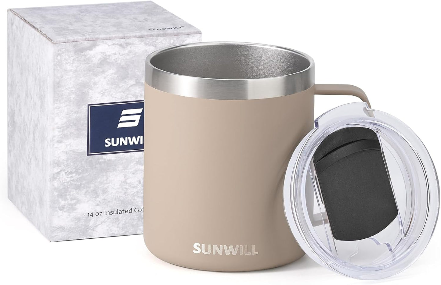 Travel Coffee Mug with Lid, Insulated Tumbler with Handle, 14 oz Stainless Steel Cup for Ice, Water, Tea, Cool Grey