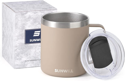 Travel Coffee Mug with Lid, Insulated Tumbler with Handle, 14 oz Stainless Steel Cup for Ice, Water, Tea, Cool Grey