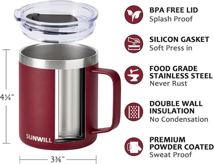 Travel Coffee Mug with Lid, Insulated Tumbler with Handle, 14 oz Stainless Steel Cup for Ice, Water, Tea, Cool Grey