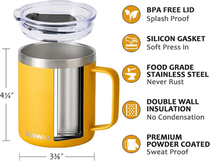 Travel Coffee Mug with Lid, Insulated Tumbler with Handle, 14 oz Stainless Steel Cup for Ice, Water, Tea, Cool Grey