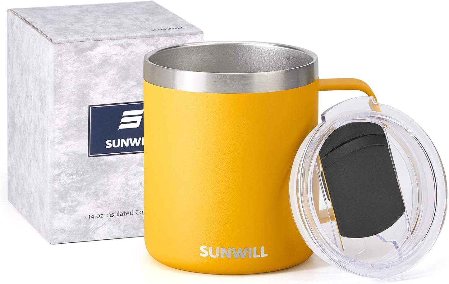Travel Coffee Mug with Lid, Insulated Tumbler with Handle, 14 oz Stainless Steel Cup for Ice, Water, Tea, Cool Grey