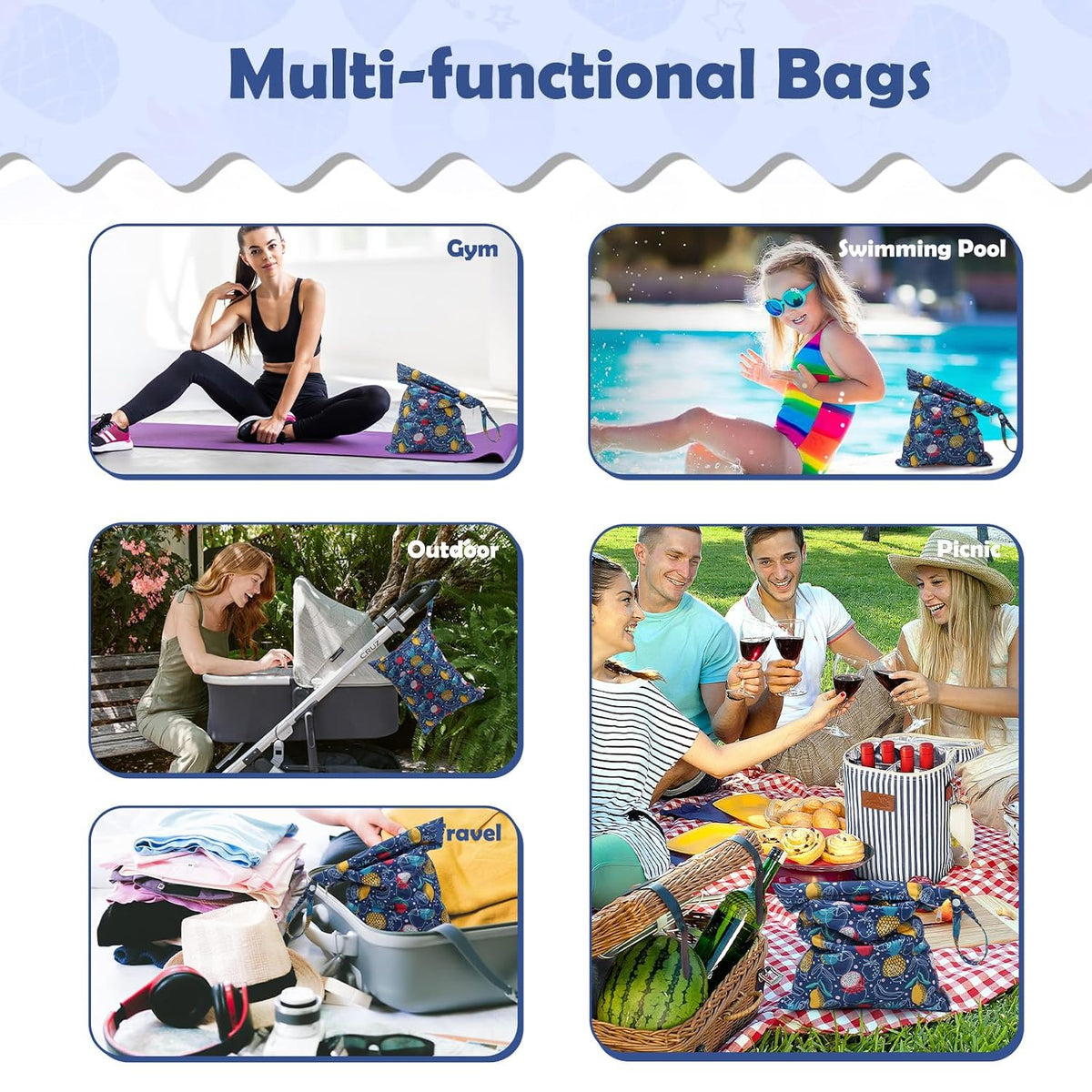 ALVA 2pcs Wet Dry Bags for Diaper Bag Waterproof Reusable with Two Pockets