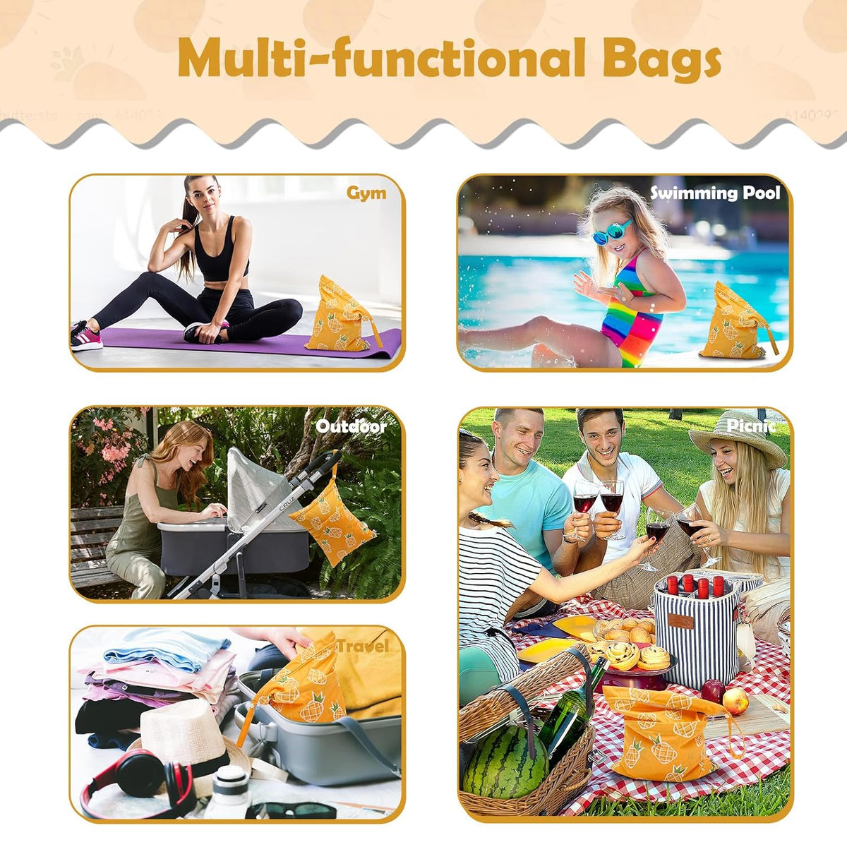 ALVA 2pcs Wet Dry Bags for Diaper Bag Waterproof Reusable with Two Pockets