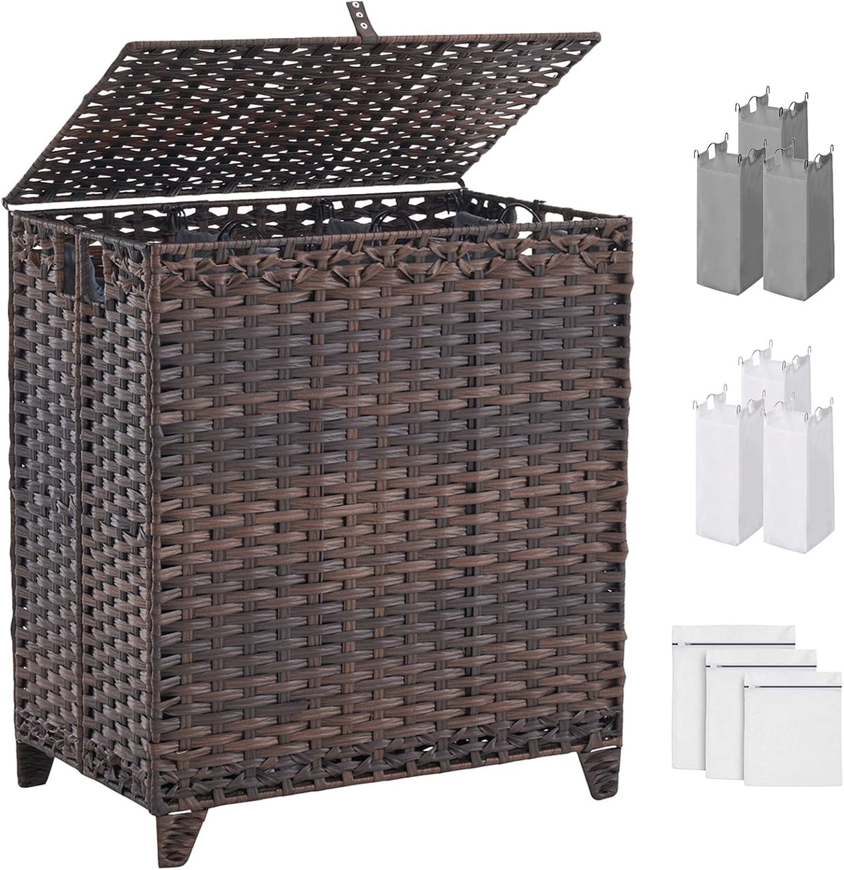 Laundry Hamper with Lid, 190L Large Laundry Basket 3 Section with 6 Removable Liner Bags & 3 Mesh Laundry Bags, Handwoven Rattan Clothes Hamper with Heightened Feet, No Install Needed, Natural
